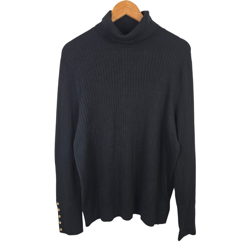 Talbots Womens XL Black Ribbed Turtleneck Sweater Gold Button Cuff Cotton Blend